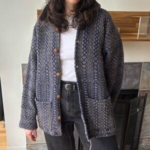 Woven Wool Navy Grey Coat Overshot Coverlet Wood Buttons Unique Jacket Boho VTG